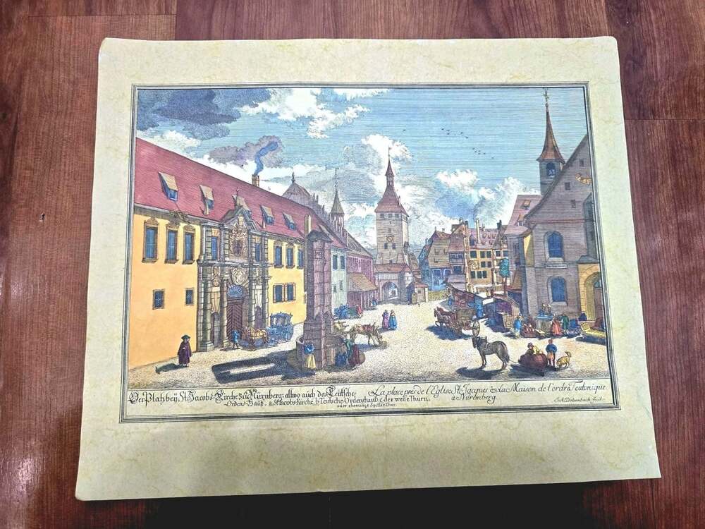 Vintage Hand Colored Copper Engraving By Adam Delsenbach (1687–1765) around 1725